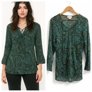 Vintage Sheer Paisley Whimsical Tie-Neck Blouse Size M Bell Sleeve Fairycore Top